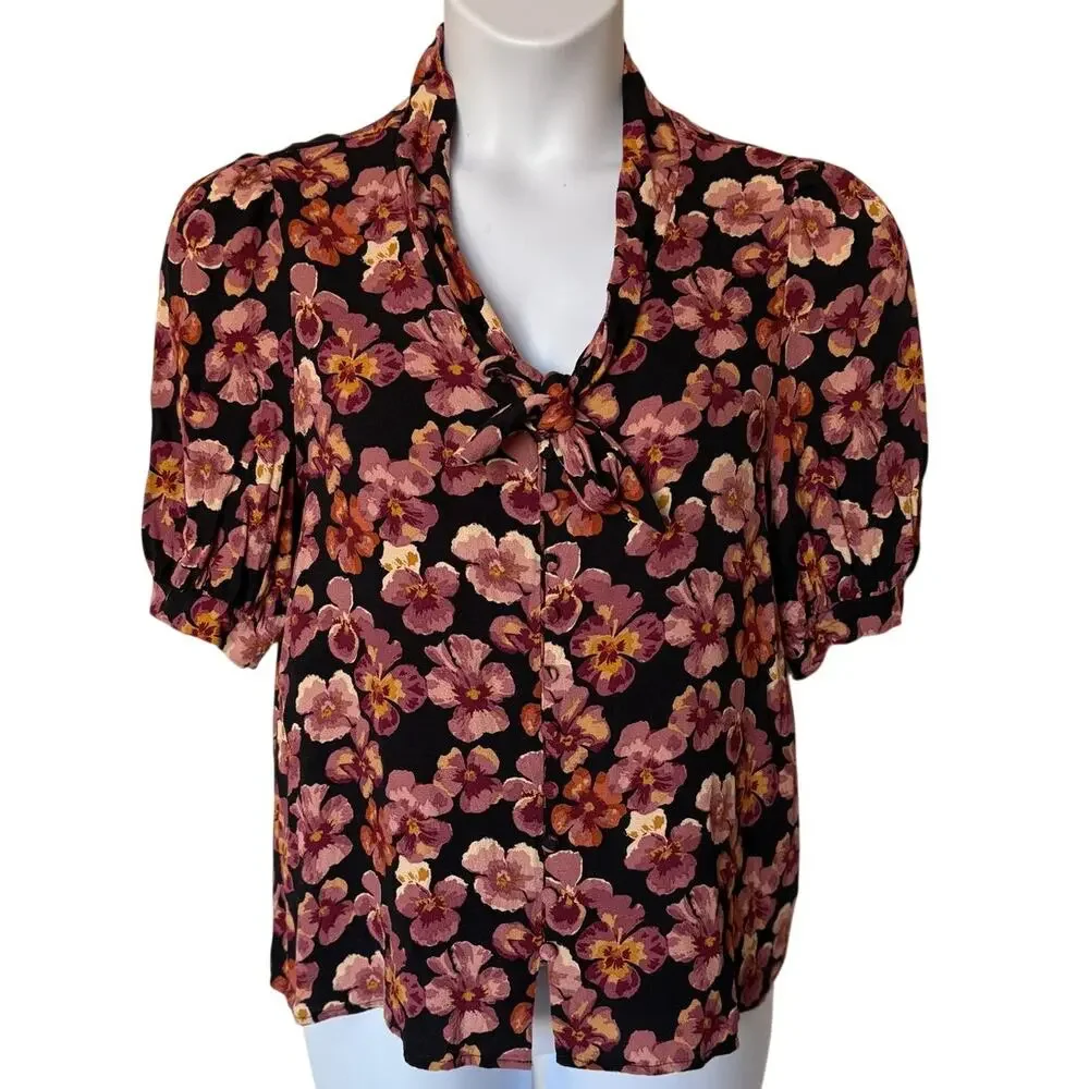 Reformation Joelle Pansies Floral Button Crepe Puff Sleeve Neck Tie Blouse  XL
